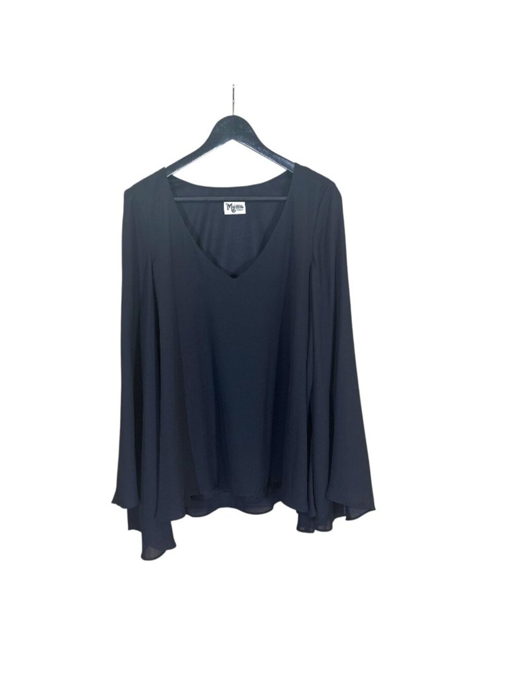 Show Me Your Mumu Black Flare Long Sleeve Chiffon V Neck Top Medium